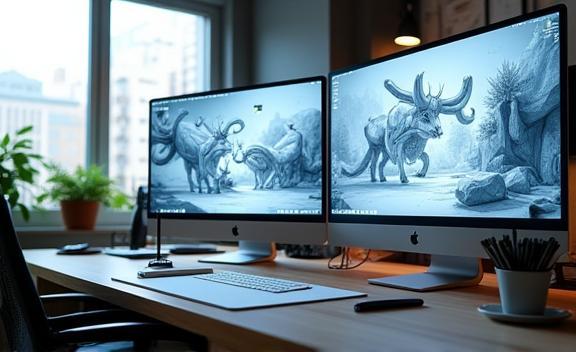 Dijital eskizler ve 3D animasyonlarla yaratıcı stüdyo çalışma alanı