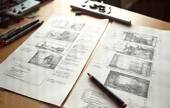 Yaratıcı süreç adımlarını gösteren storyboard eskizleri