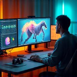 Animasyonlu 3D karakter ve hareketli grafik stüdyo ortamı